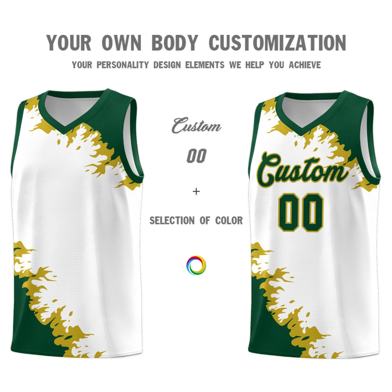 Custom White Green-Old Gold Sparkle Print Pattern Basketball Kits