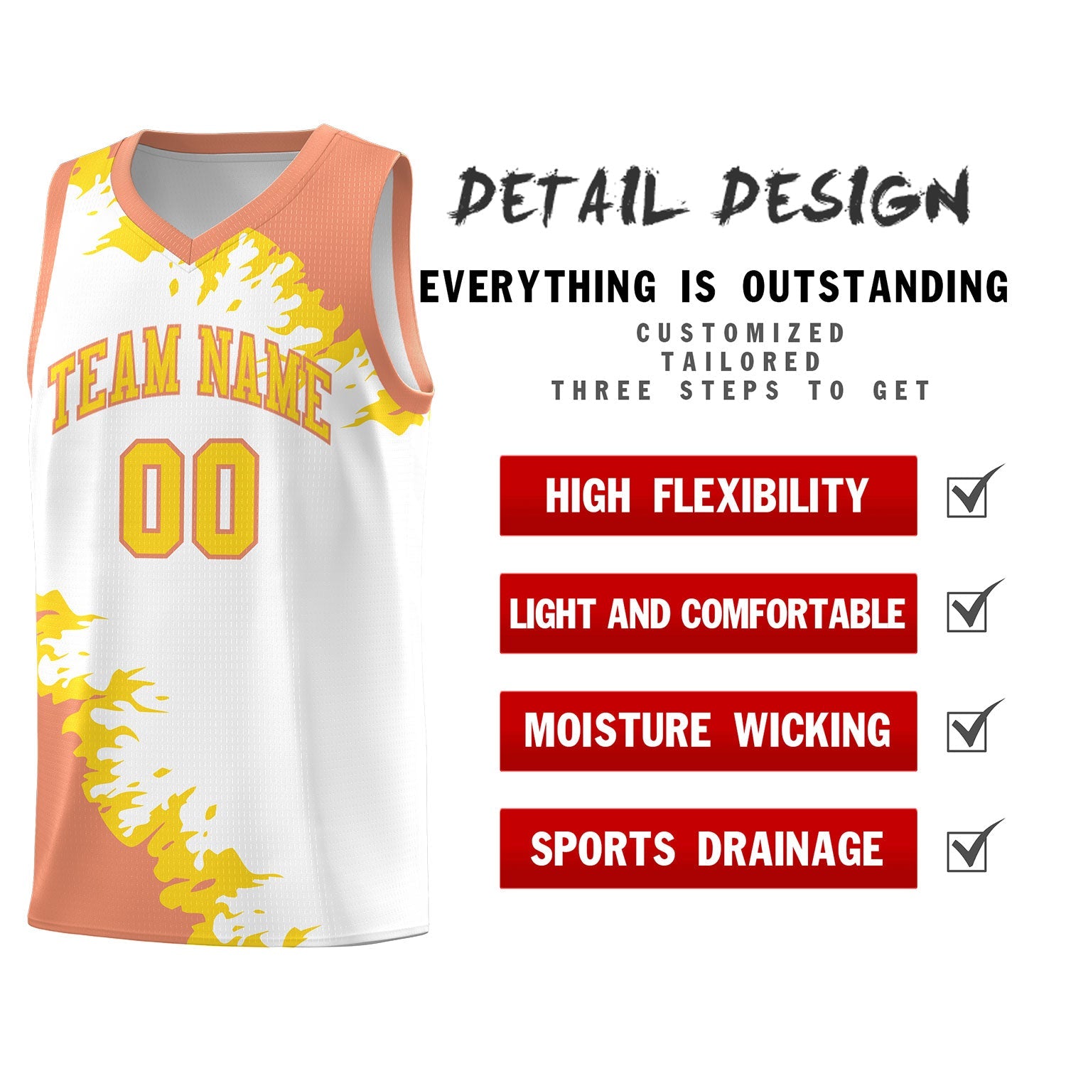 Custom White Light Orange-Gold Sparkle Print Pattern Basketball Kits