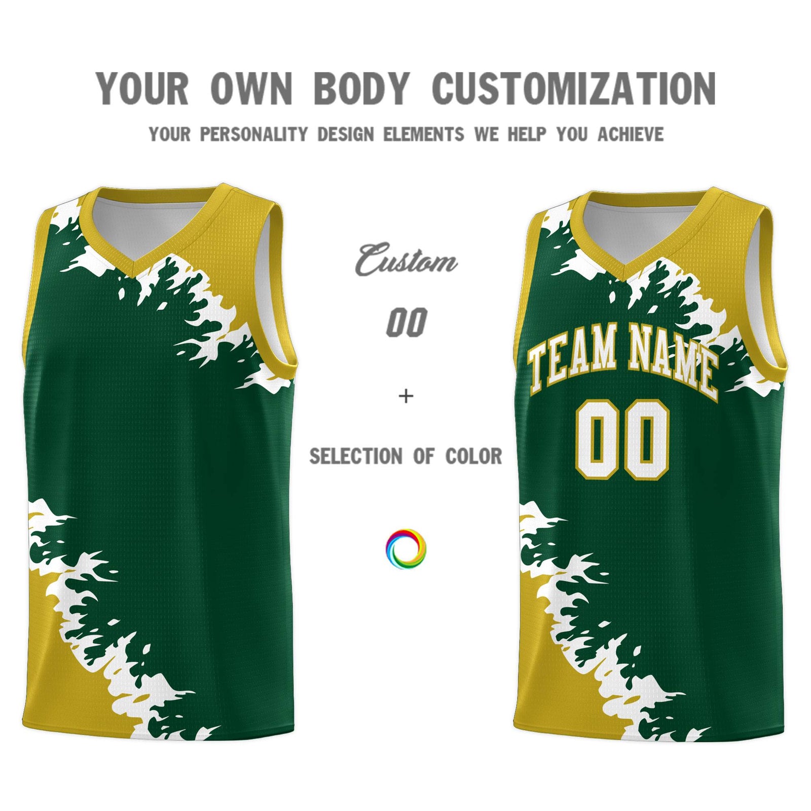 Custom Green Old Gold-White Sparkle Print Pattern Basketball Kits