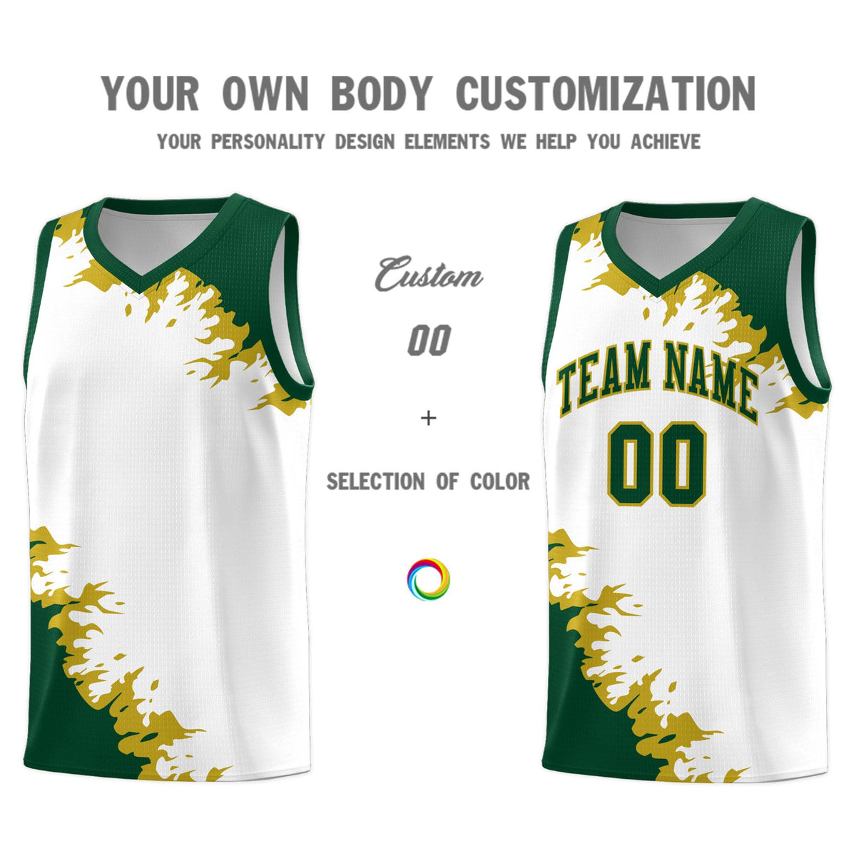 Custom White Green-Old Gold Sparkle Print Pattern Basketball Kits