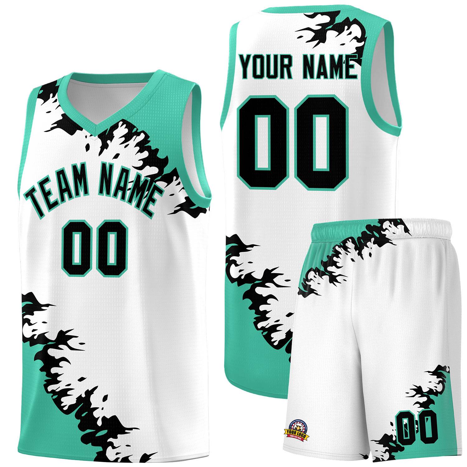 Custom White Black-Bright Green Sparkle Print Pattern Basketball Kits