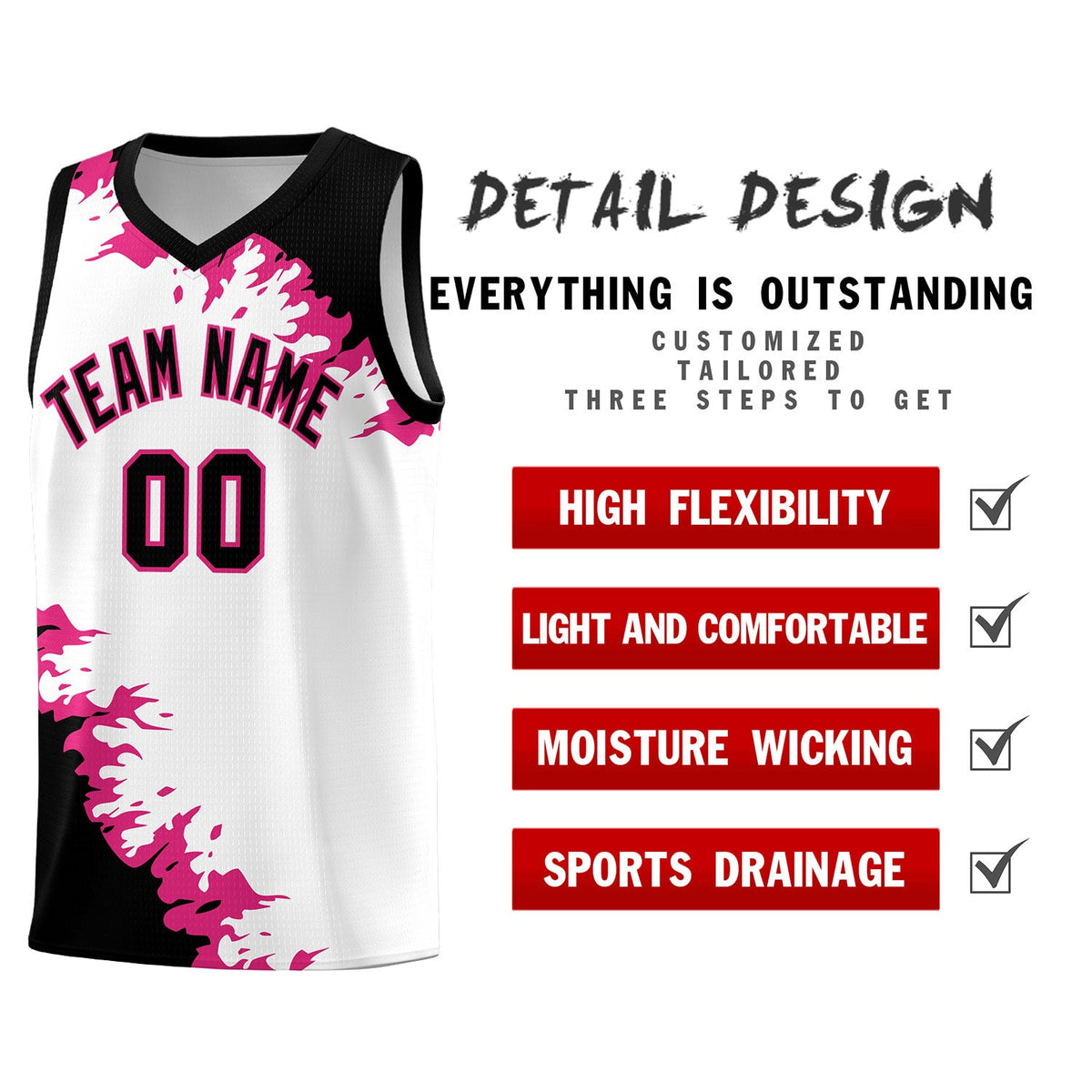 Custom White Black-Rose Red Sparkle Print Pattern Basketball Kits