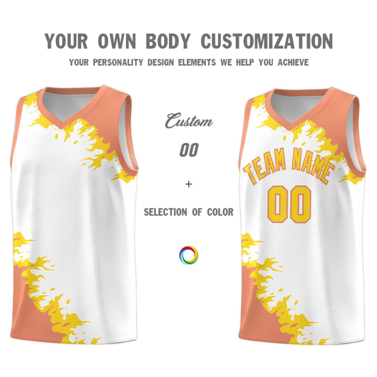 Custom White Light Orange-Gold Sparkle Print Pattern Basketball Kits