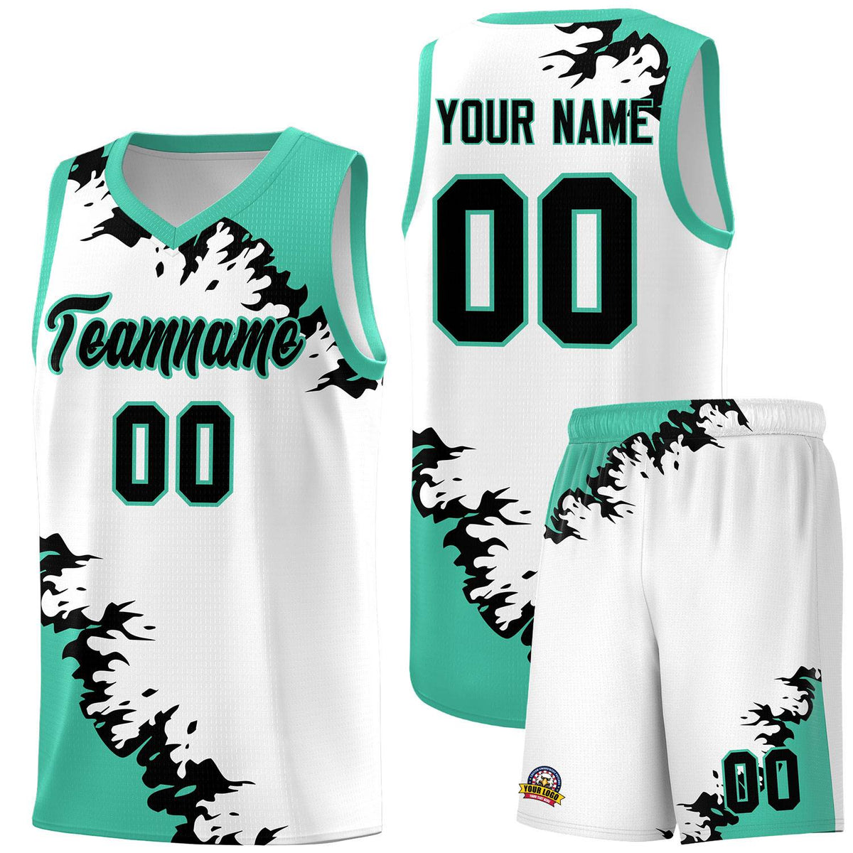 Custom White Black-Bright Green Sparkle Print Pattern Basketball Kits