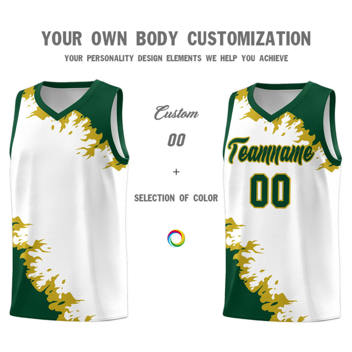 Custom White Green-Old Gold Sparkle Print Pattern Basketball Kits