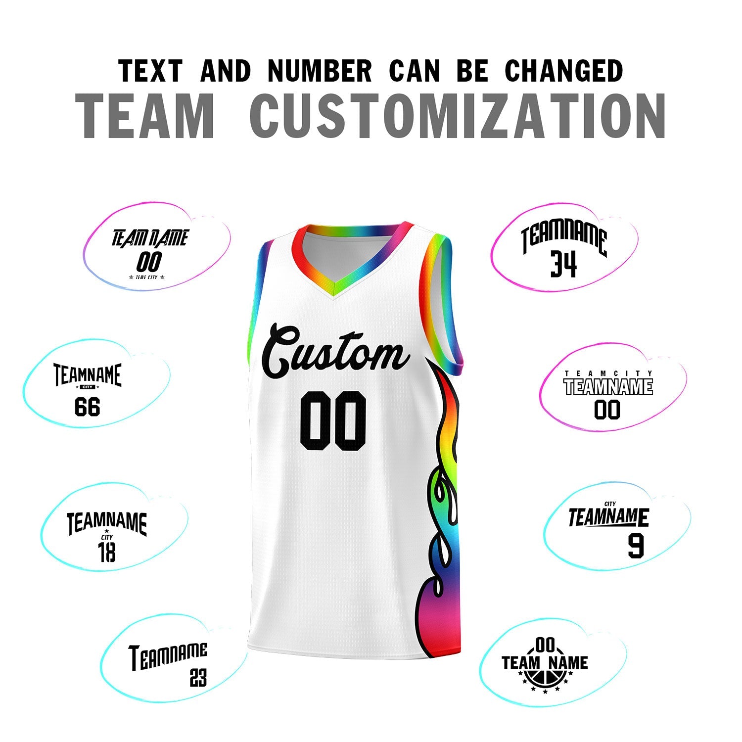 Custom White Side Flame Pattern Fashion Sports Uniform Basketball Jersey