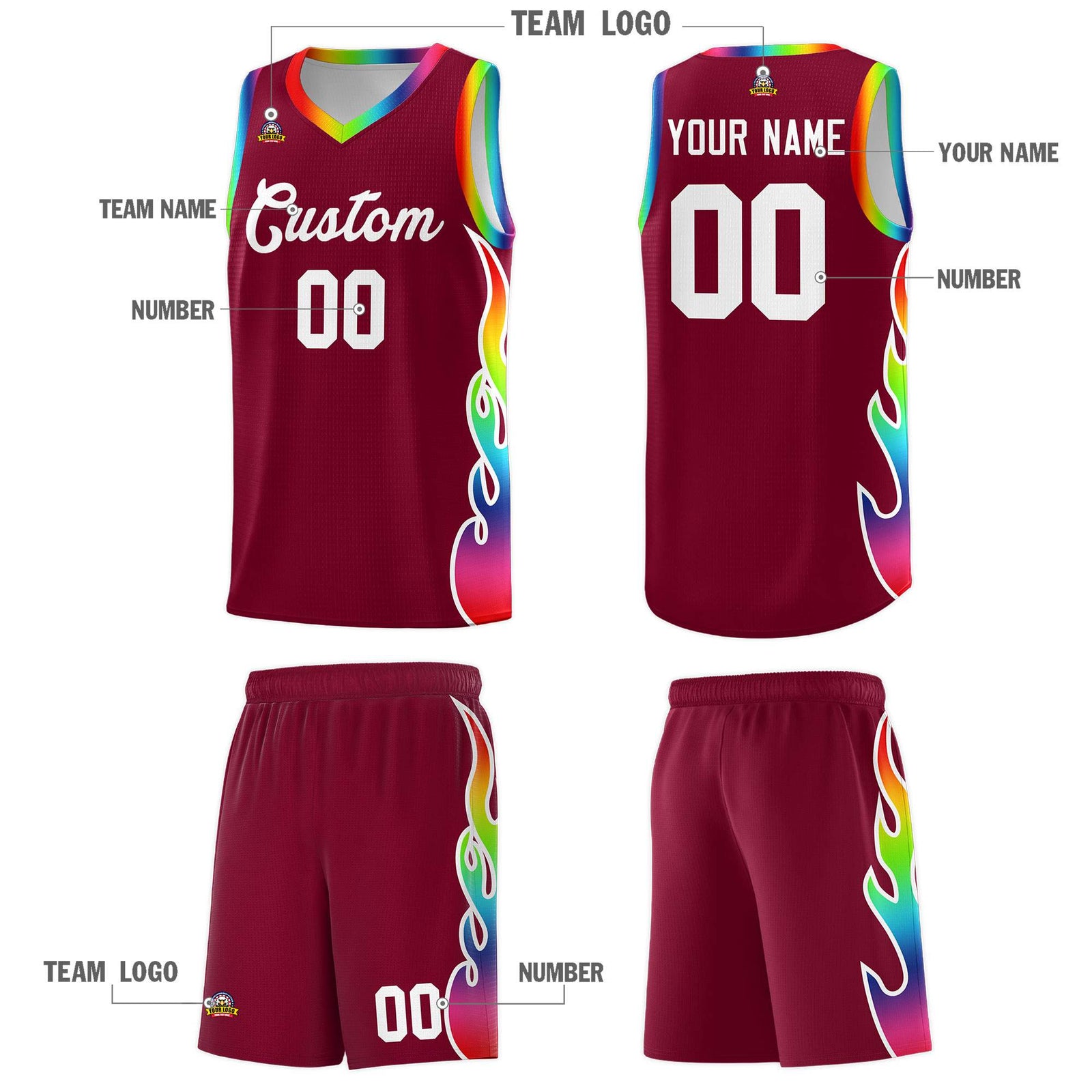 Custom Crimson Side Flame Pattern Fashion Sports Uniform Basketball Jersey