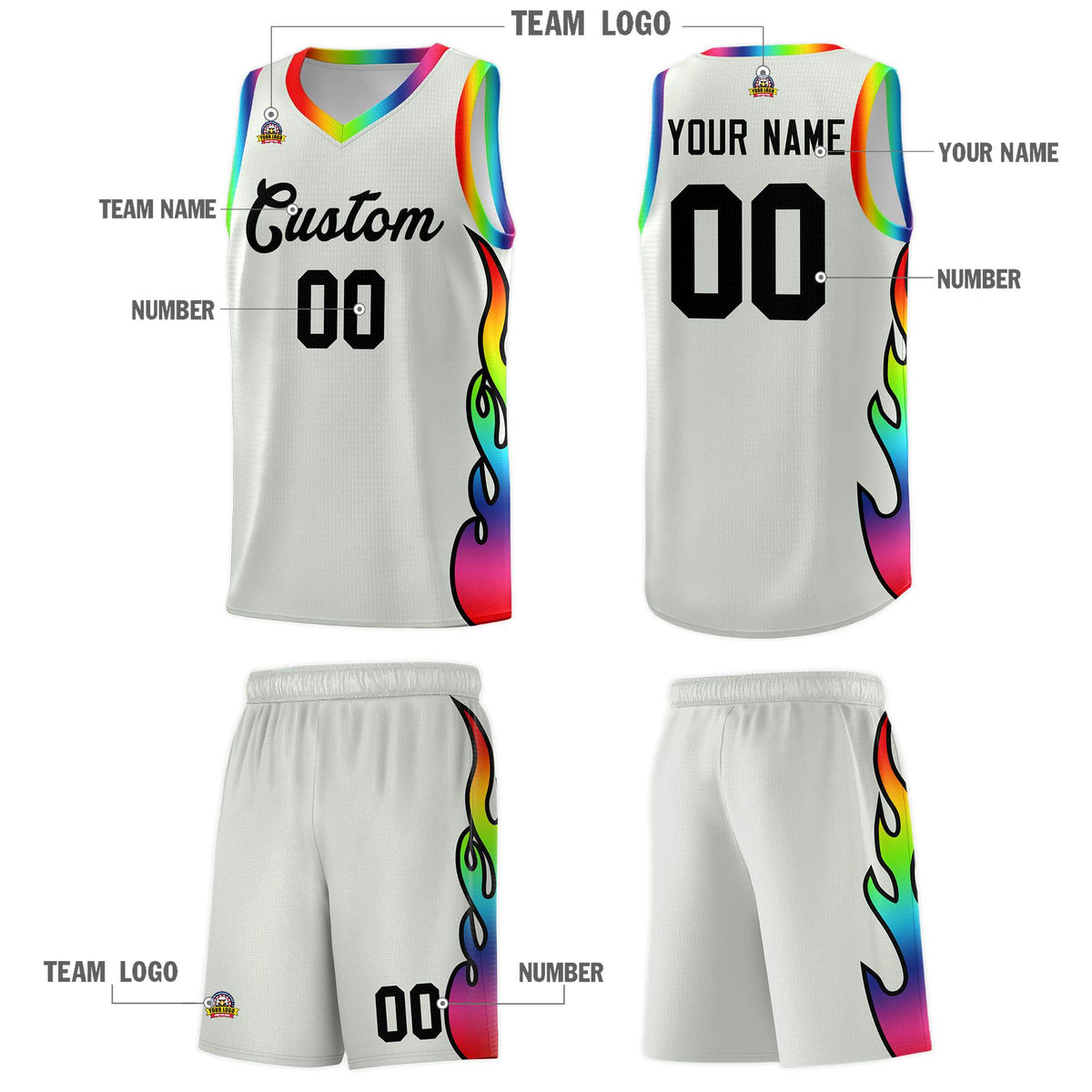 Custom Gray Side Flame Pattern Fashion Sports Uniform Basketball Jersey