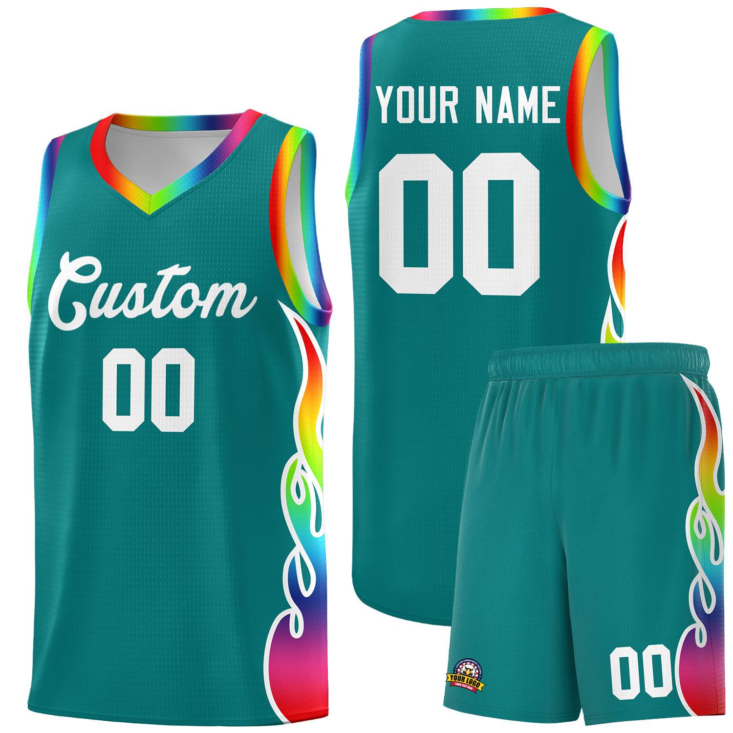Custom Aqua Side Flame Pattern Fashion Sports Uniform Basketball Jersey