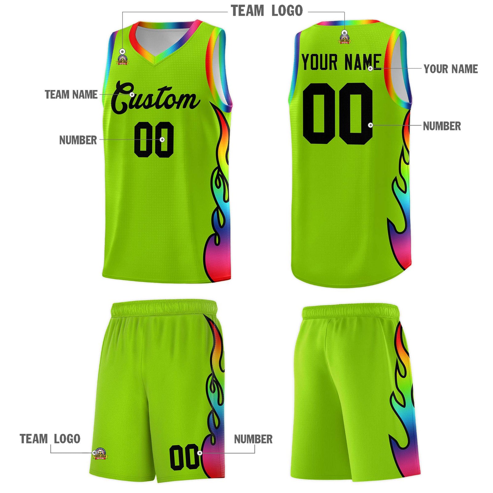 Custom Neon Green Side Flame Pattern Fashion Sports Uniform Basketball Jersey