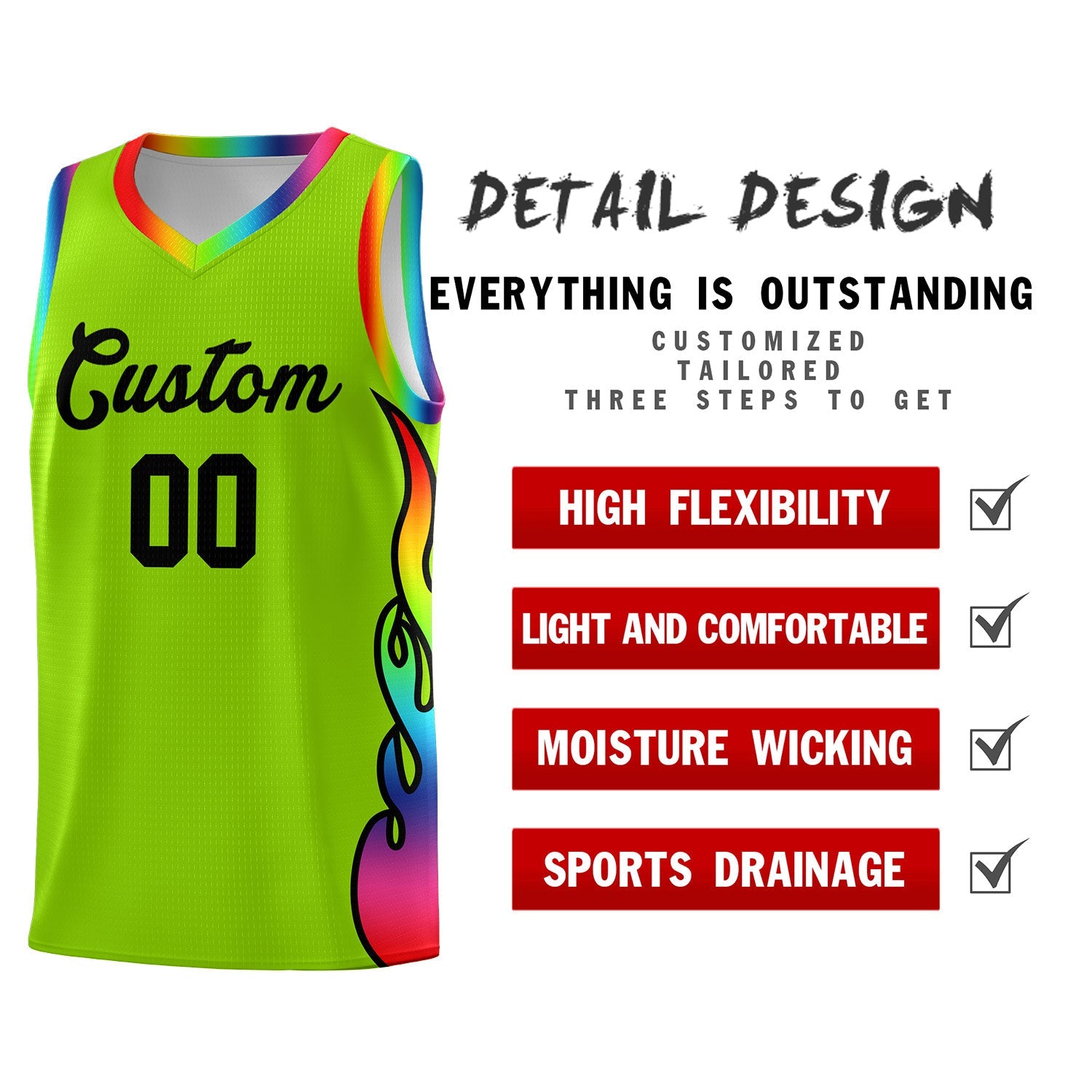 Custom Neon Green Side Flame Pattern Fashion Sports Uniform Basketball Jersey