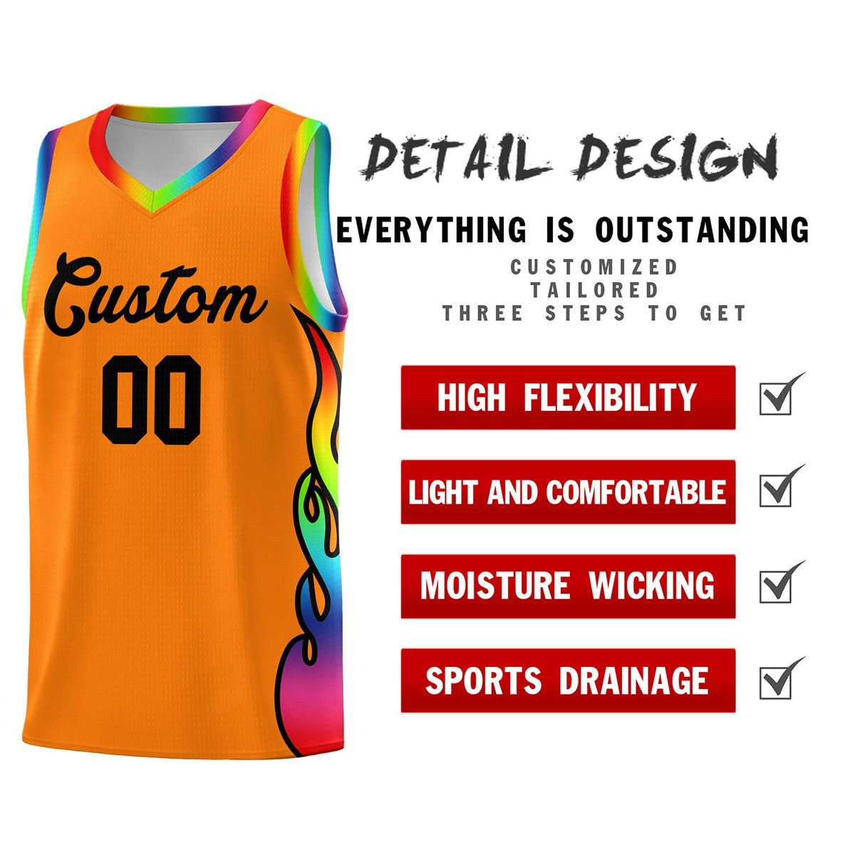 Custom Orange Side Flame Pattern Fashion Sports Uniform Basketball Jersey