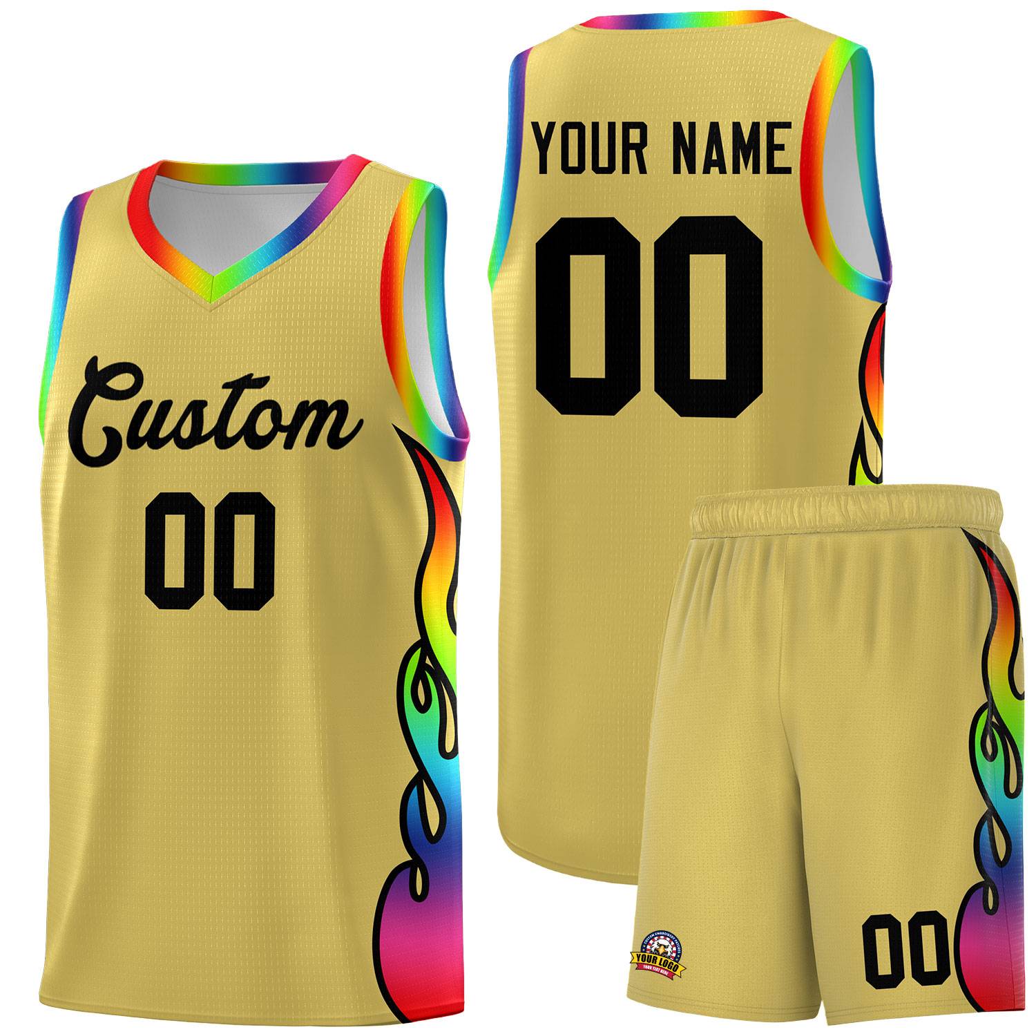 Custom Old Gold Side Flame Pattern Fashion Sports Uniform Basketball Jersey