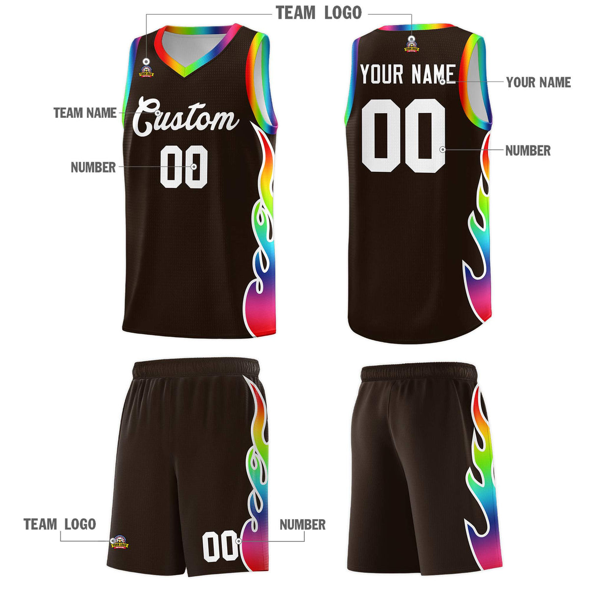 Custom Brown Side Flame Pattern Fashion Sports Uniform Basketball Jersey