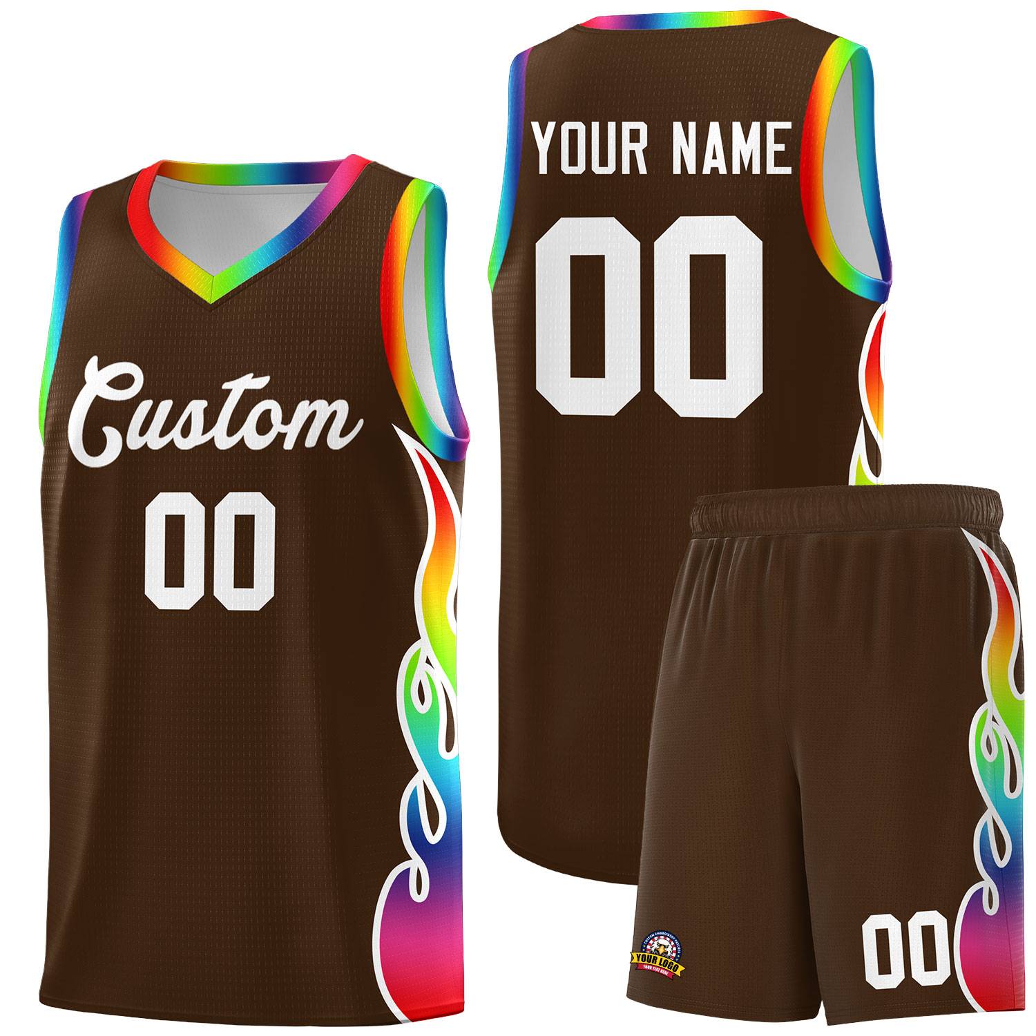 Custom Brown Side Flame Pattern Fashion Sports Uniform Basketball Jersey