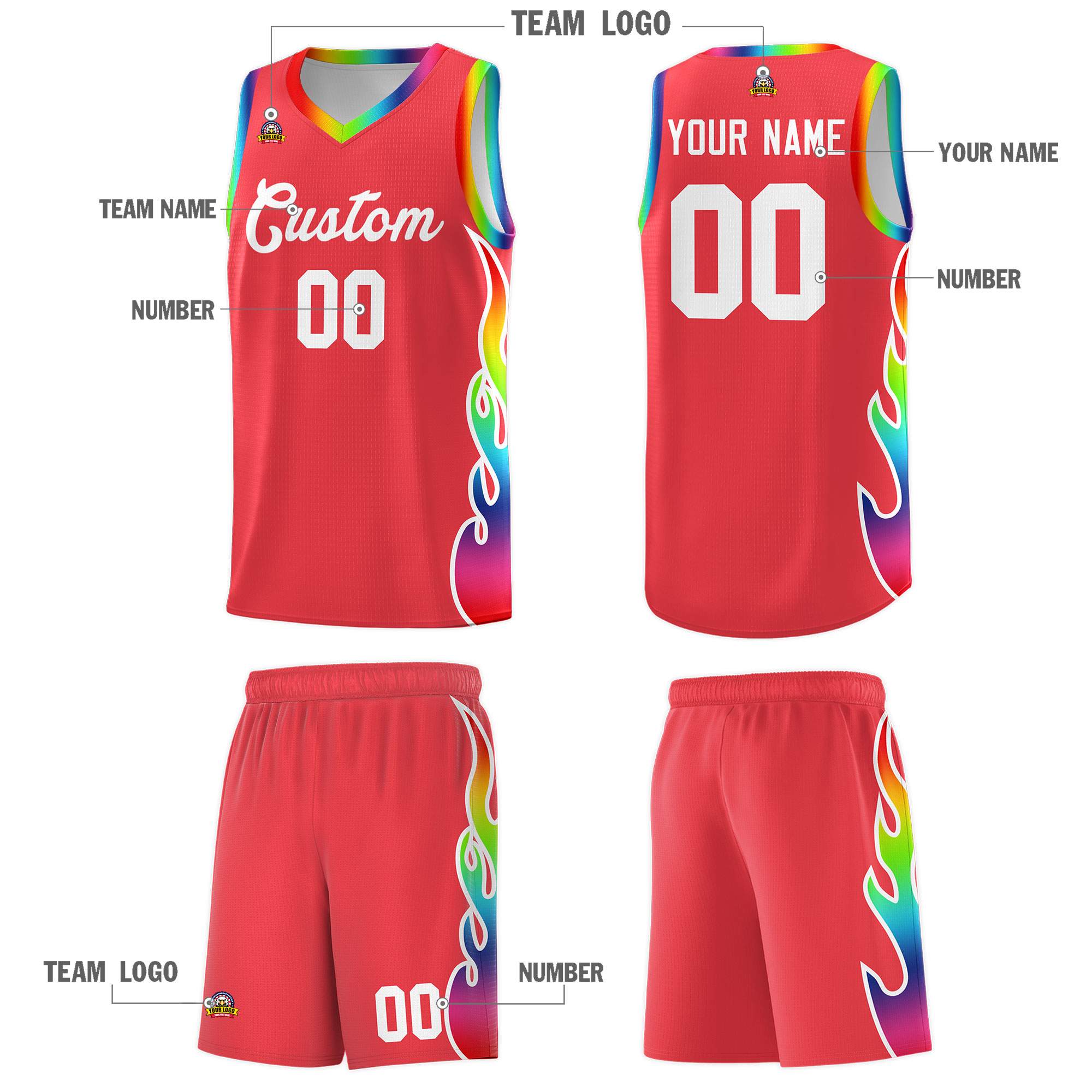 Custom Light Red Side Flame Pattern Fashion Sports Uniform Basketball Jersey