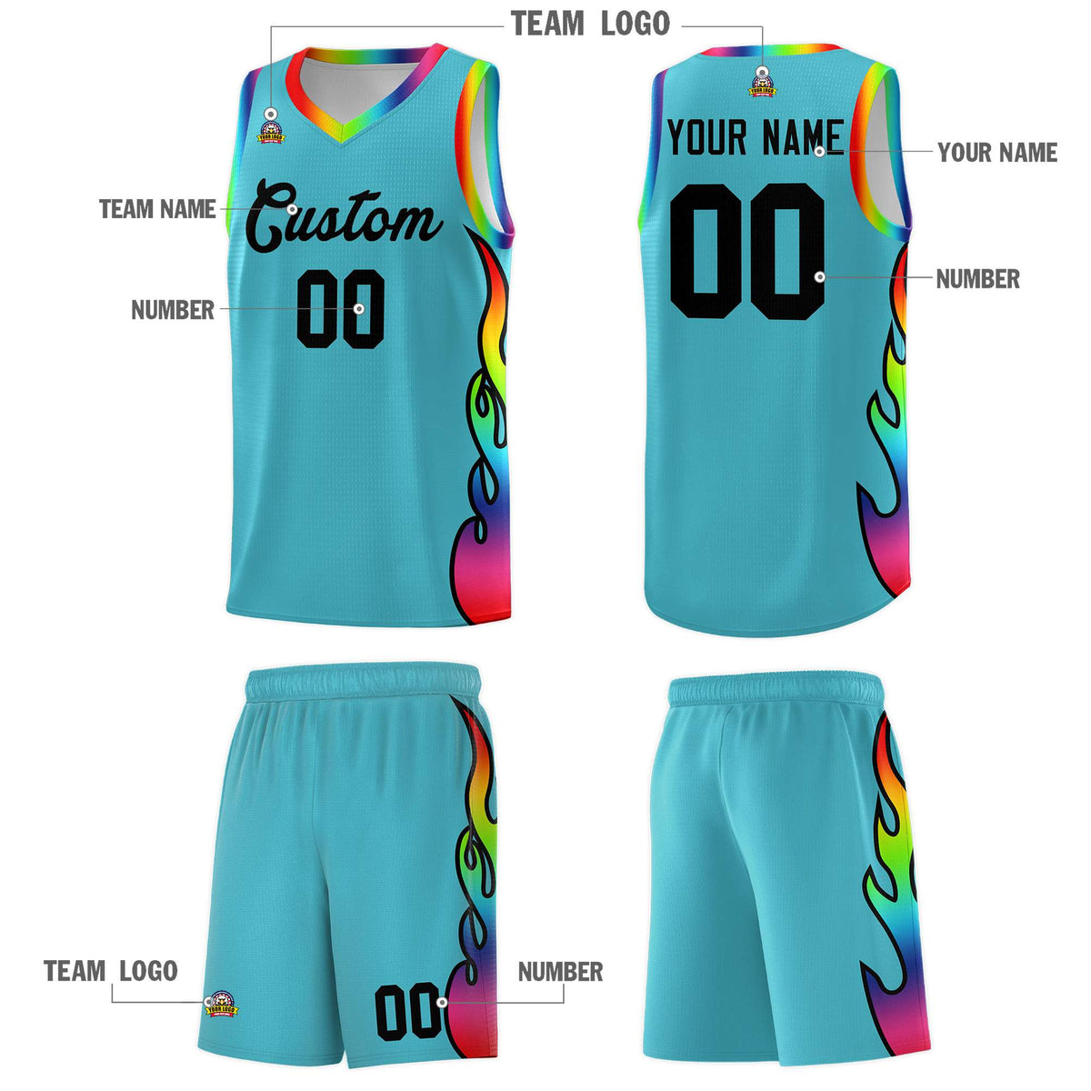 Custom Sky Blue Side Flame Pattern Fashion Sports Uniform Basketball Jersey
