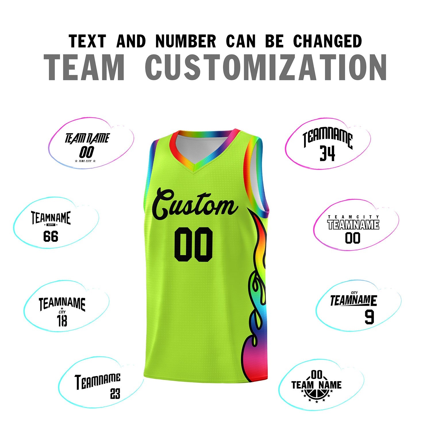 Custom Neon Green Side Flame Pattern Fashion Sports Uniform Basketball Jersey