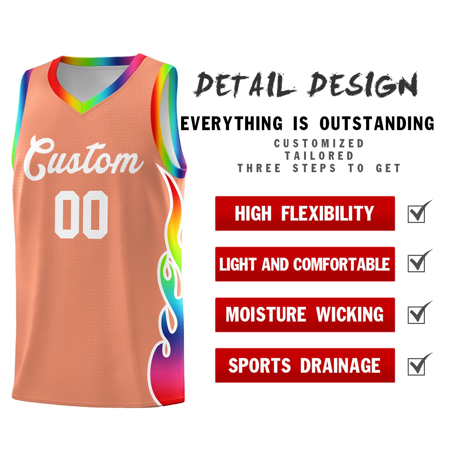 Custom Light Orange Side Flame Pattern Fashion Sports Uniform Basketball Jersey
