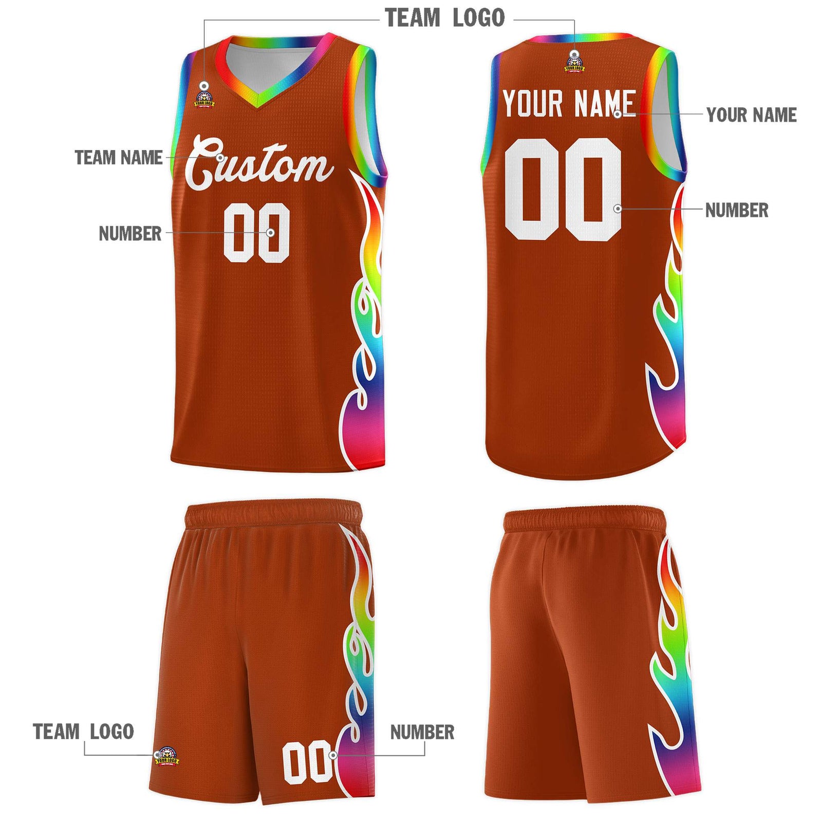 Custom Texas Orange Side Flame Pattern Fashion Sports Uniform Basketball Jersey