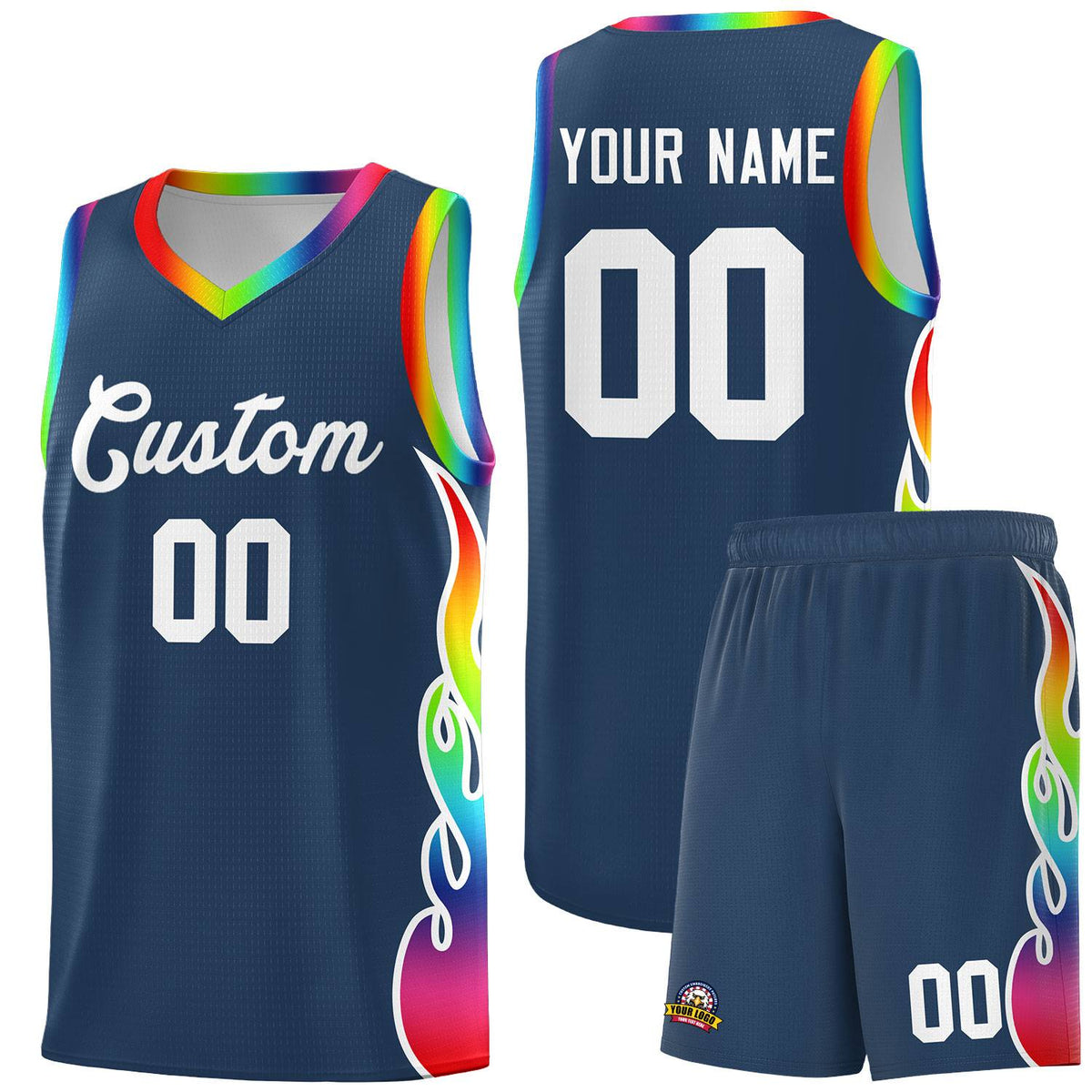 Custom Midnight Blue Side Flame Pattern Fashion Sports Uniform Basketball Jersey