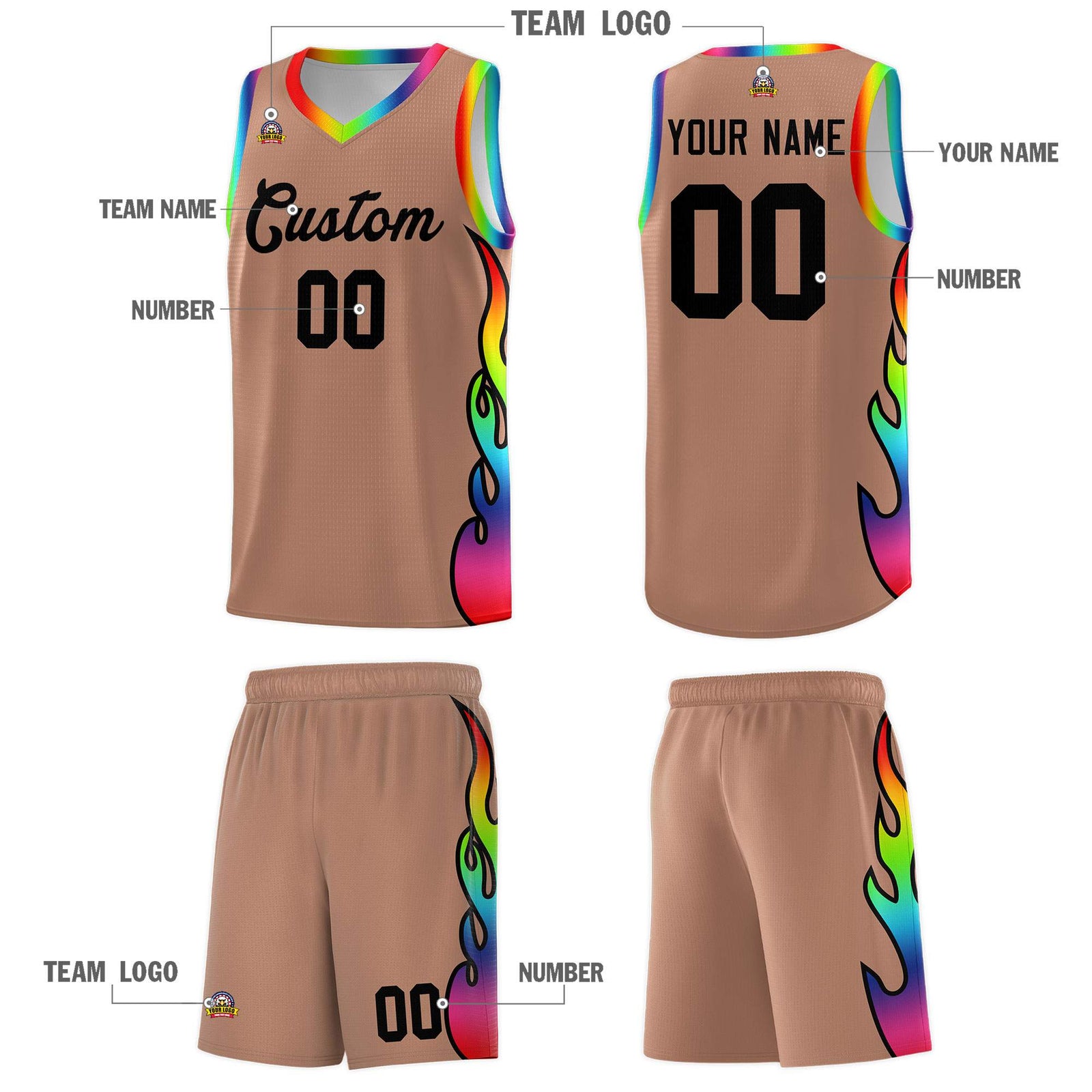Custom Light Brown Side Flame Pattern Fashion Sports Uniform Basketball Jersey