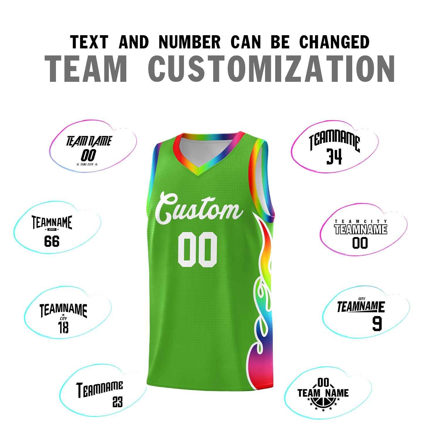 Custom Neon Green Side Flame Pattern Fashion Sports Uniform Basketball Jersey