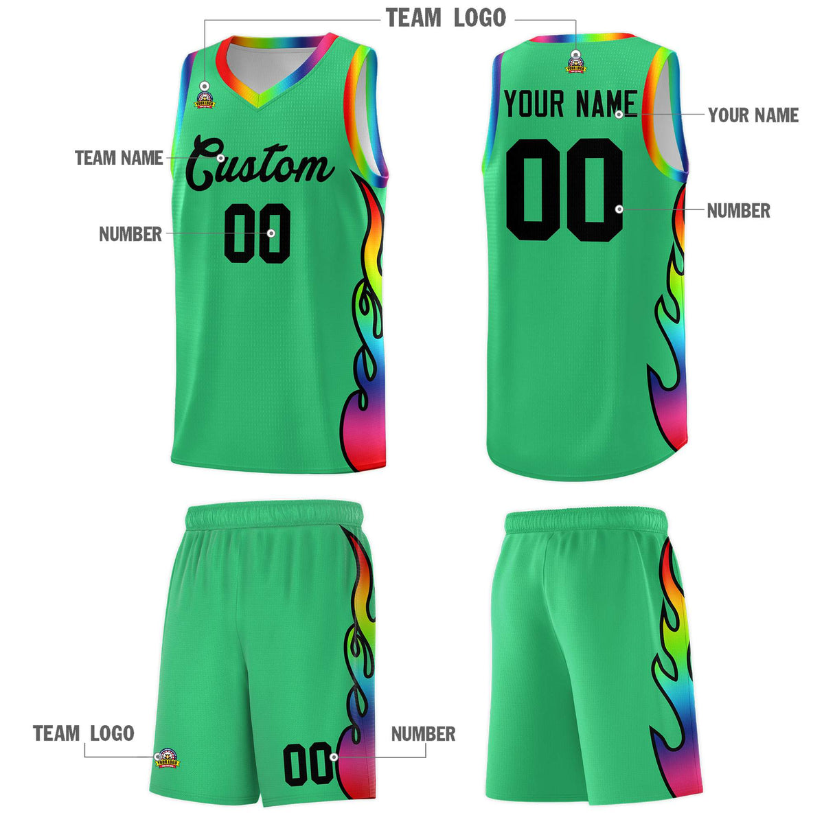 Custom Kelly Green Side Flame Pattern Fashion Sports Uniform Basketball Jersey