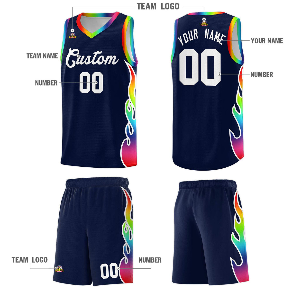 Custom Navy Side Flame Pattern Fashion Sports Uniform Basketball Jersey