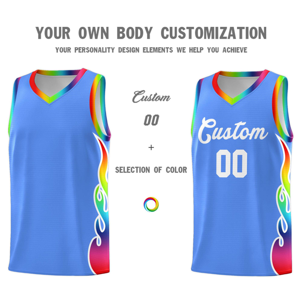 Custom Powder Blue Side Flame Pattern Fashion Sports Uniform Basketball Jersey