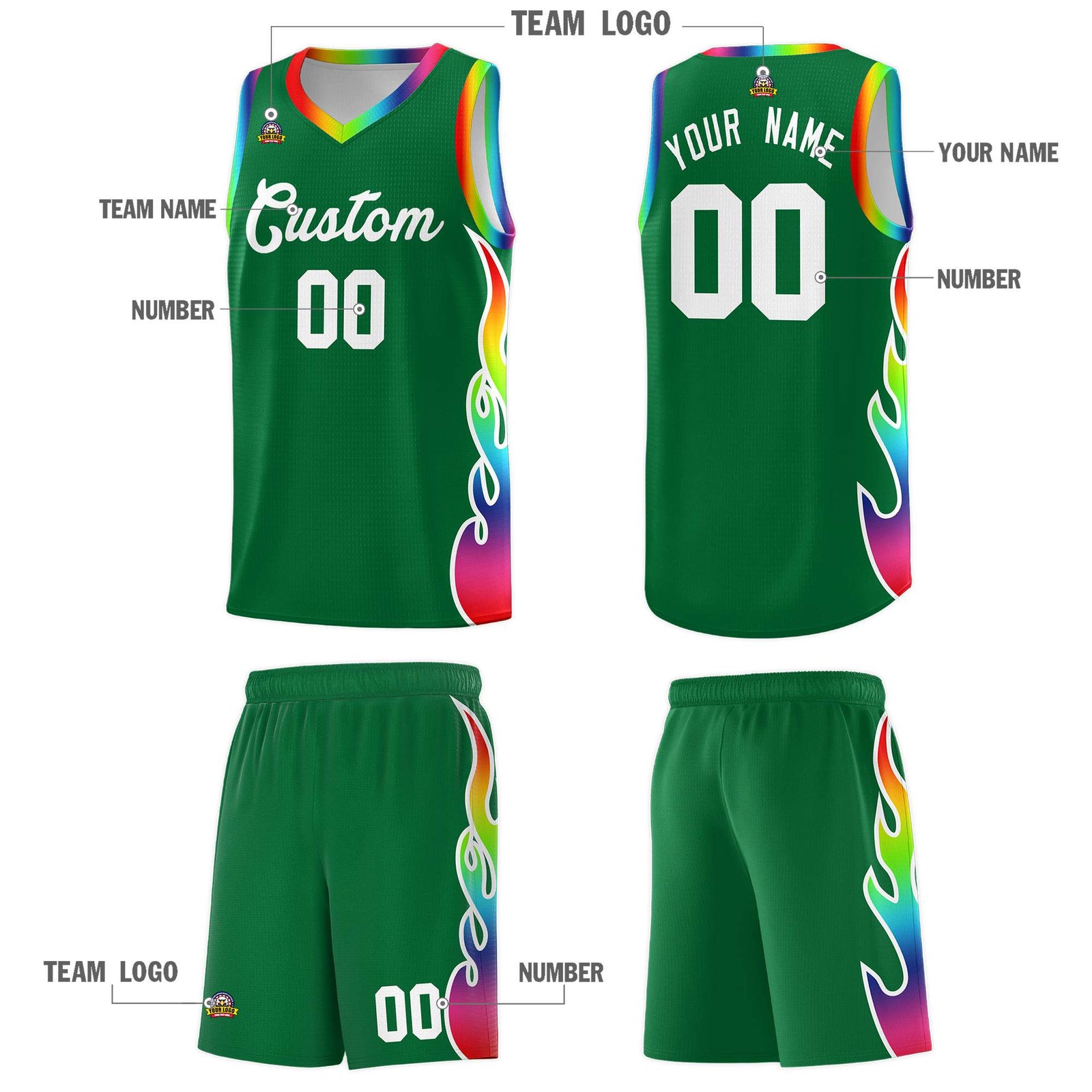 Custom Kelly Green Side Flame Pattern Fashion Sports Uniform Basketball Jersey