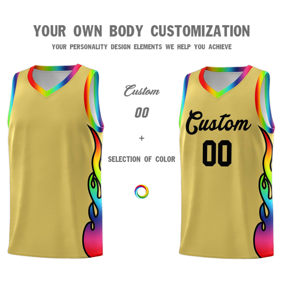 Custom Old Gold Side Flame Pattern Fashion Sports Uniform Basketball Jersey