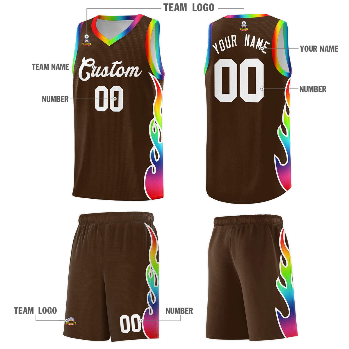 Custom Brown Side Flame Pattern Fashion Sports Uniform Basketball Jersey