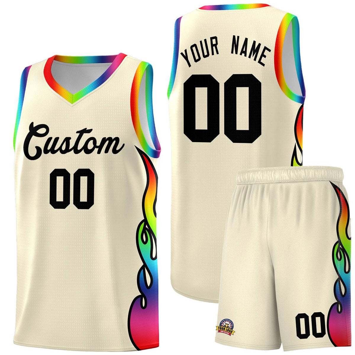 Custom Cream Side Flame Pattern Fashion Sports Uniform Basketball Jersey