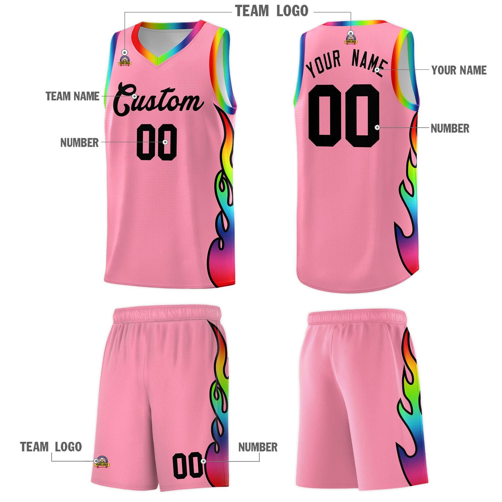 Custom Light Pink Side Flame Pattern Fashion Sports Uniform Basketball Jersey