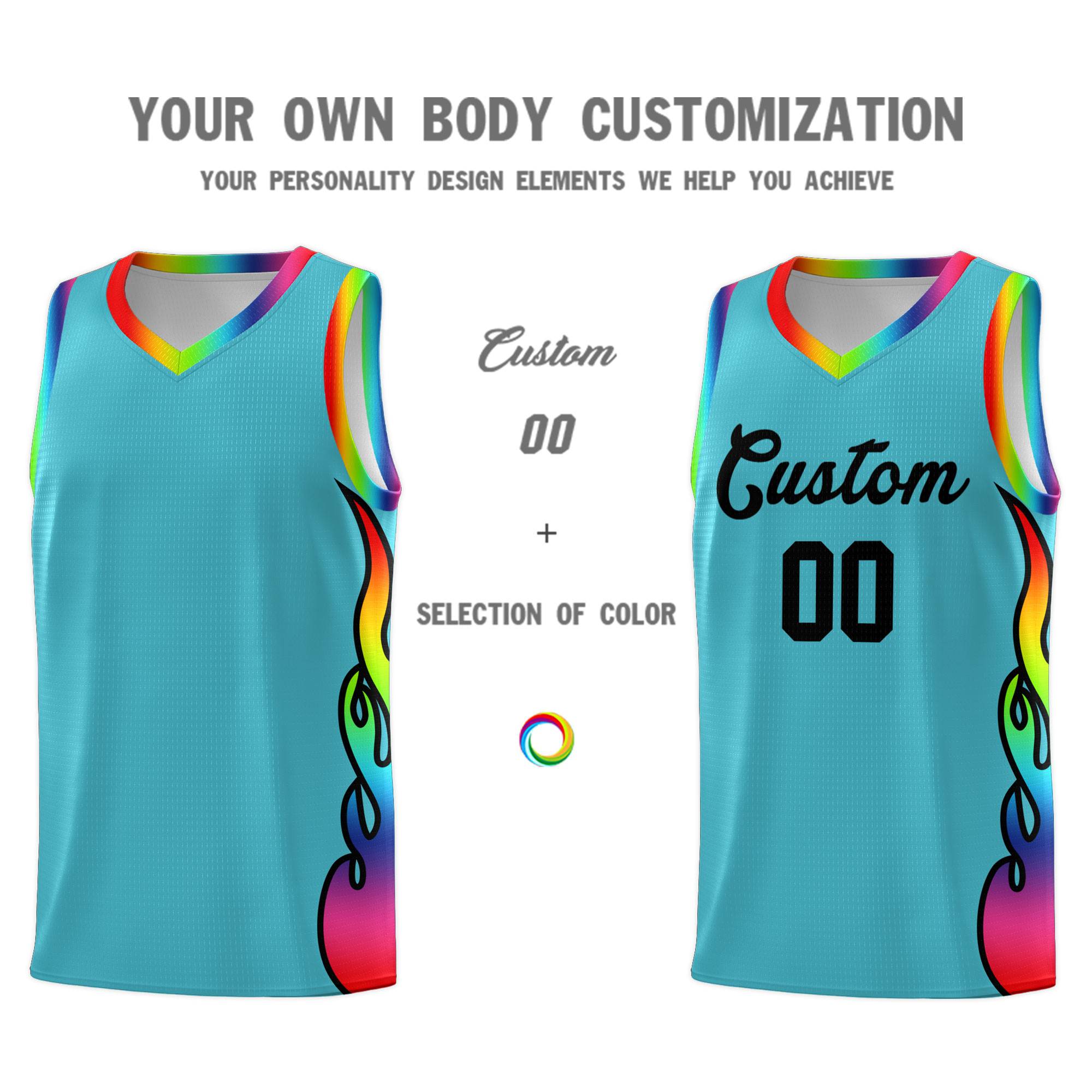 Custom Sky Blue Side Flame Pattern Fashion Sports Uniform Basketball Jersey