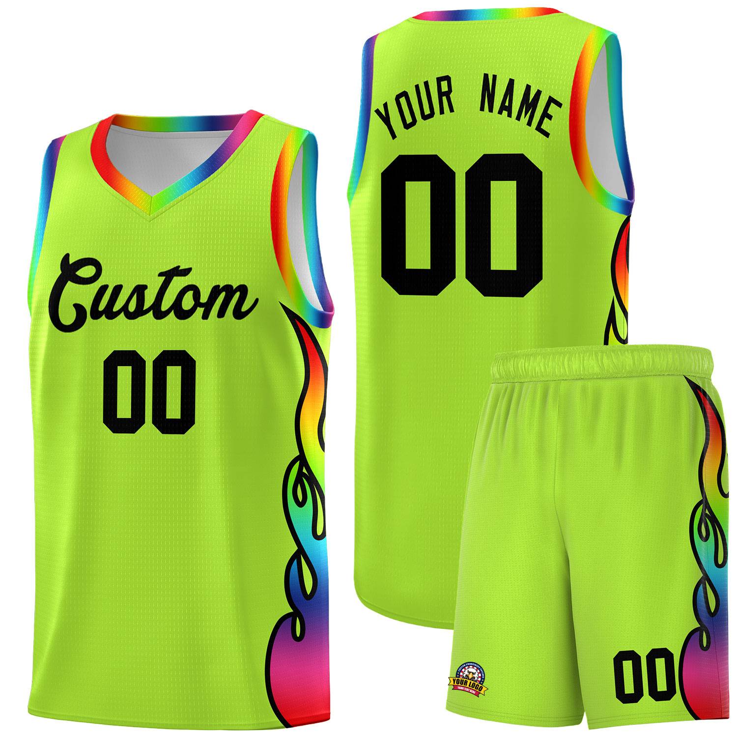 Custom Neon Green Side Flame Pattern Fashion Sports Uniform Basketball Jersey