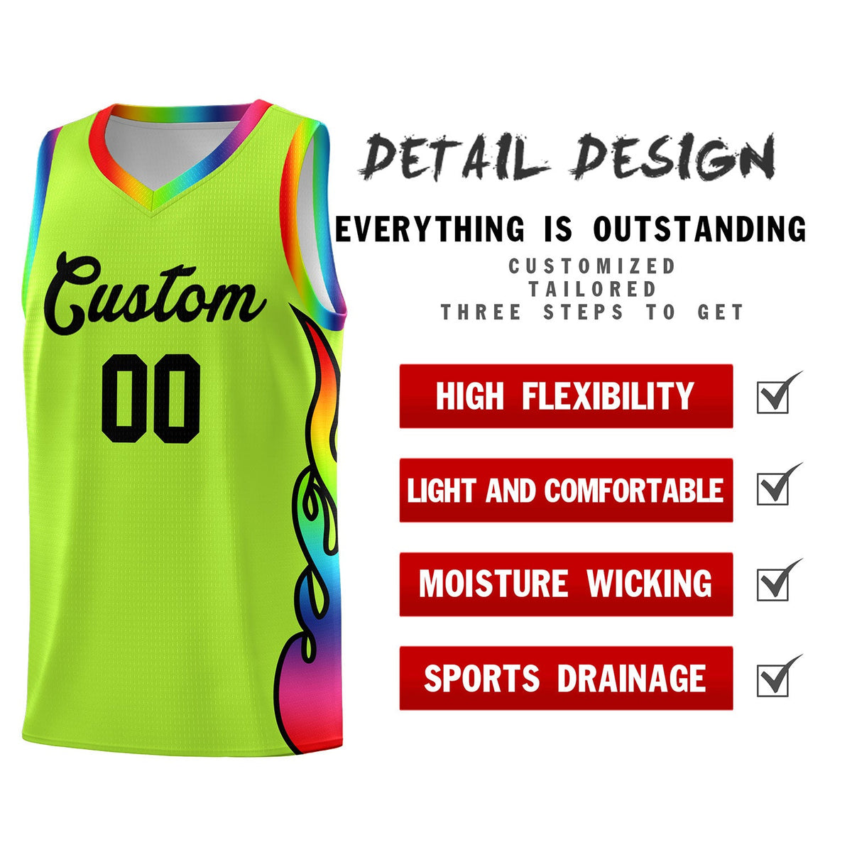 Custom Neon Green Side Flame Pattern Fashion Sports Uniform Basketball Jersey