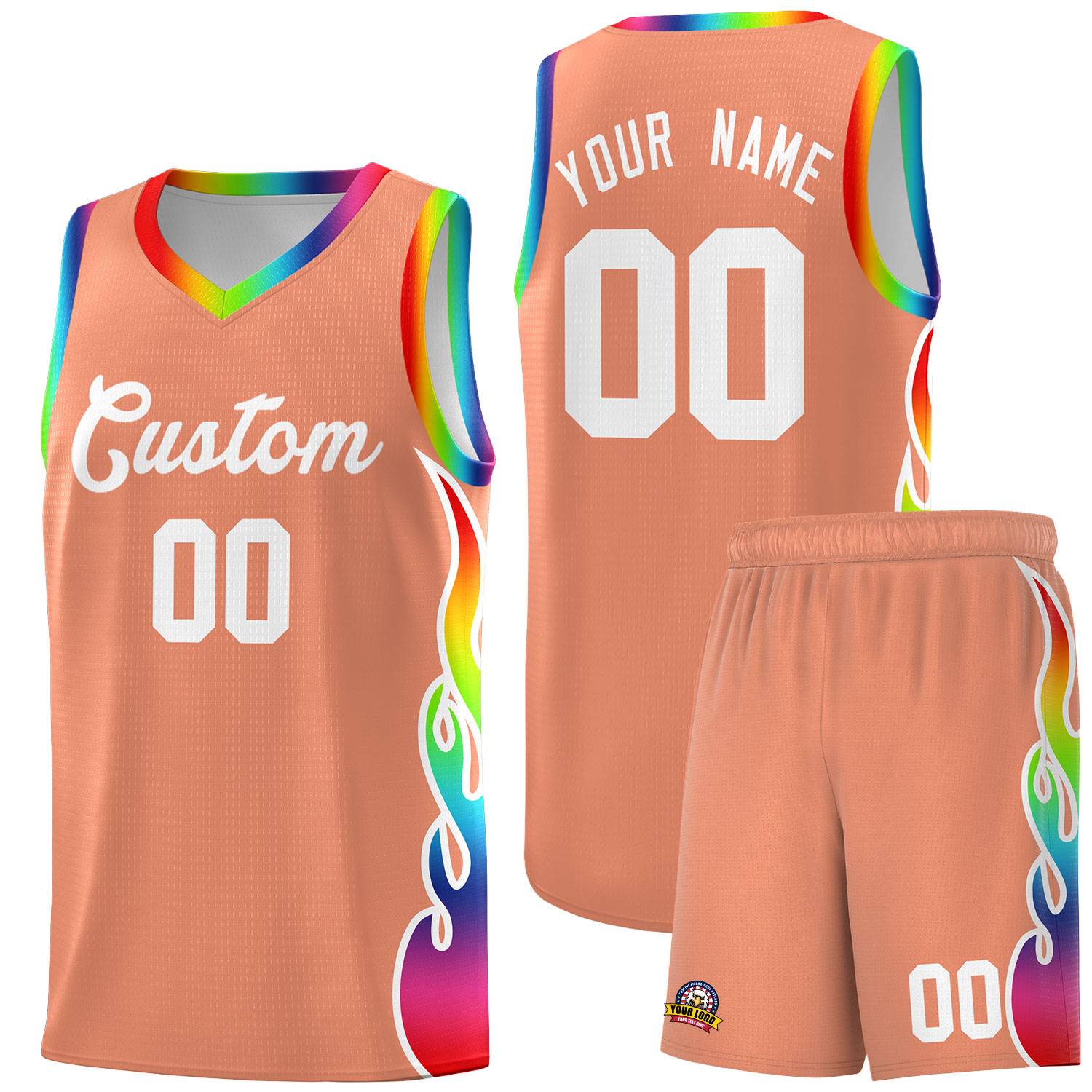 Custom Light Orange Side Flame Pattern Fashion Sports Uniform Basketball Jersey