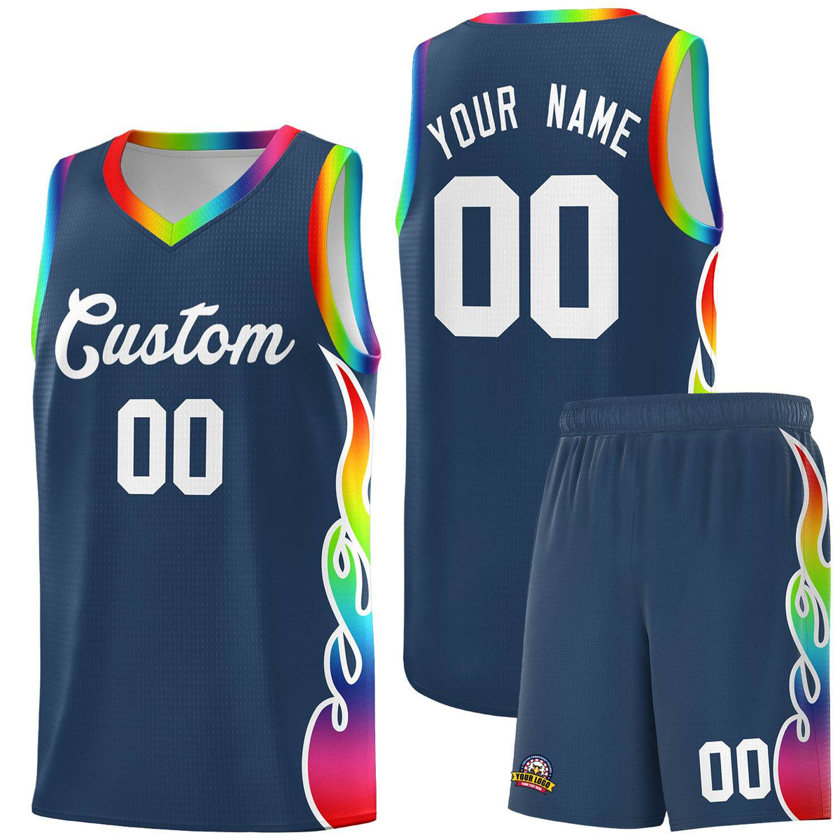 Custom Midnight Blue Side Flame Pattern Fashion Sports Uniform Basketball Jersey