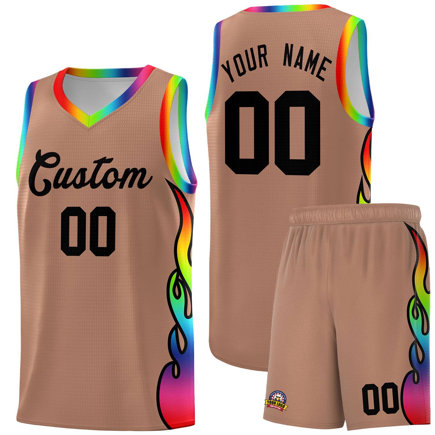 Custom Light Brown Side Flame Pattern Fashion Sports Uniform Basketball Jersey