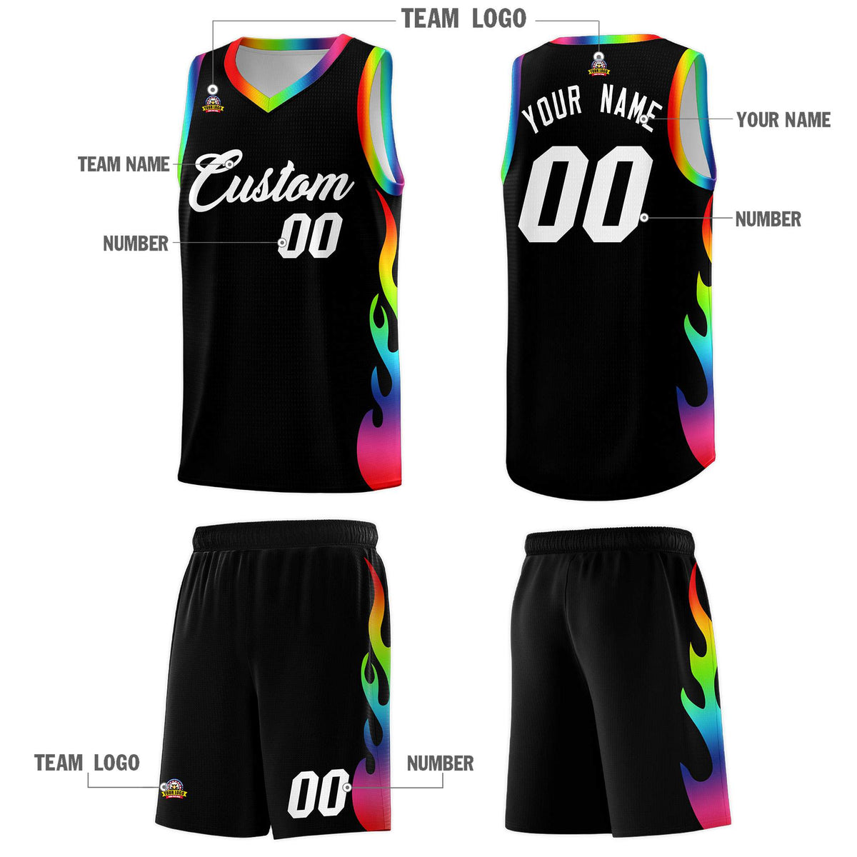 Custom Black Side Flame Pattern Fashion Sports Uniform Basketball Jersey
