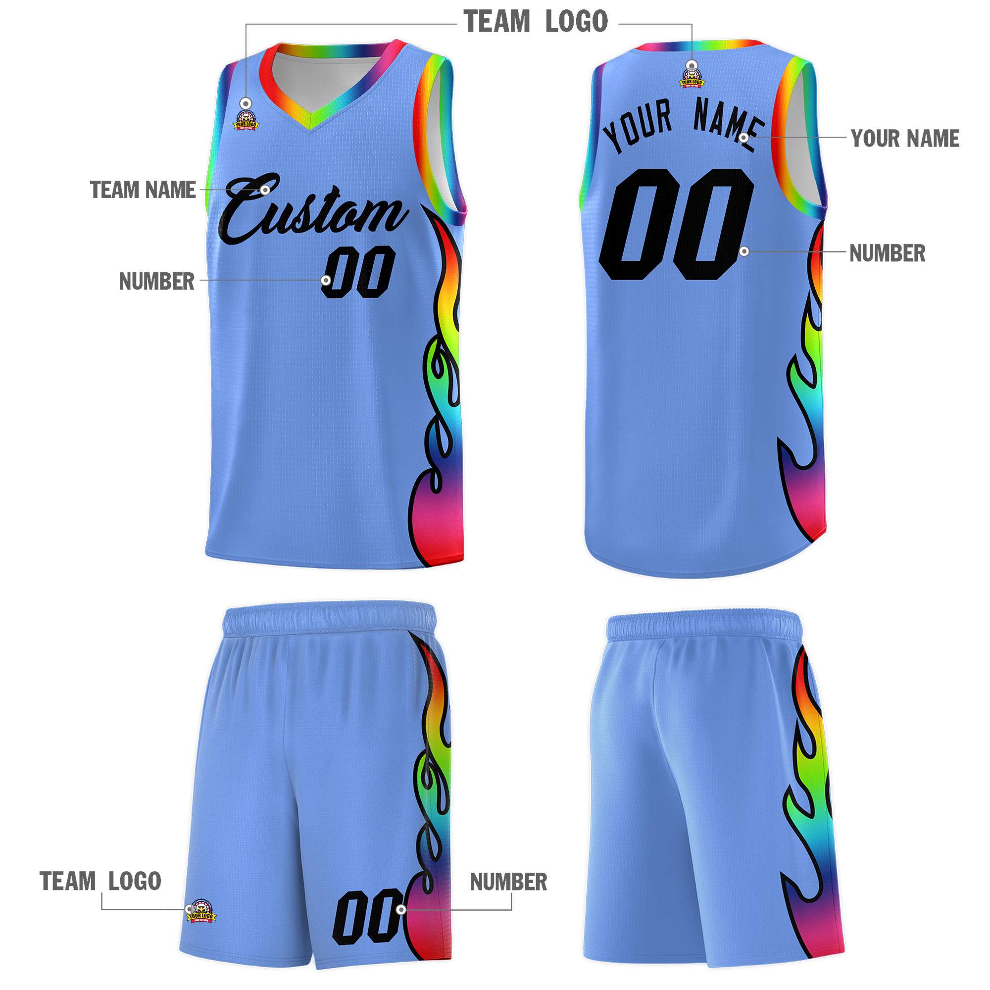 Custom Light Blue Side Flame Pattern Fashion Sports Uniform Basketball Jersey
