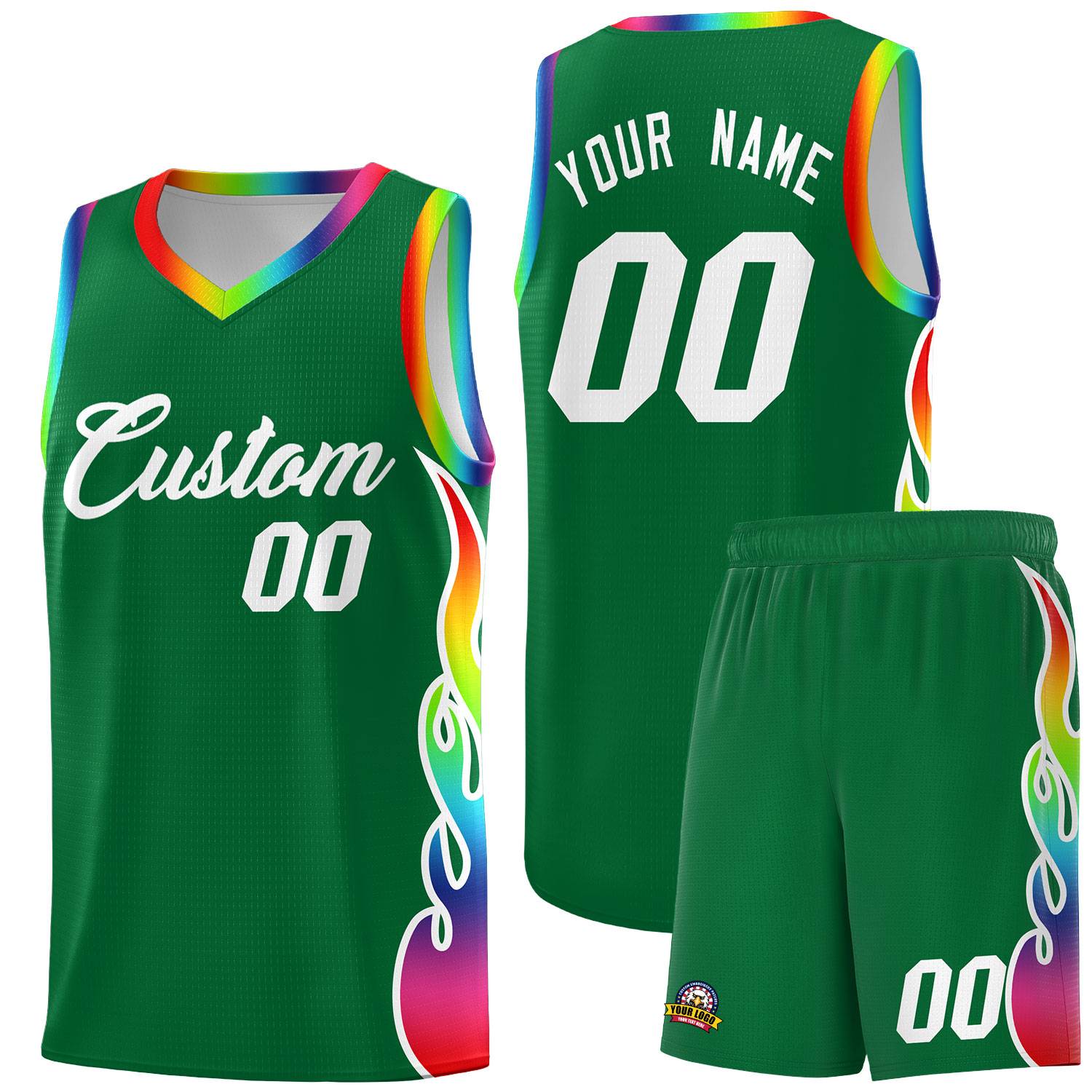 Custom Kelly Green Side Flame Pattern Fashion Sports Uniform Basketball Jersey