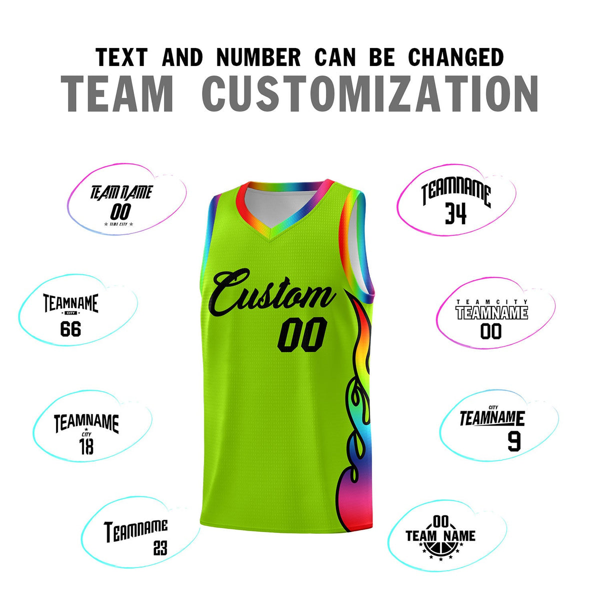 Custom Neon Green Side Flame Pattern Fashion Sports Uniform Basketball Jersey