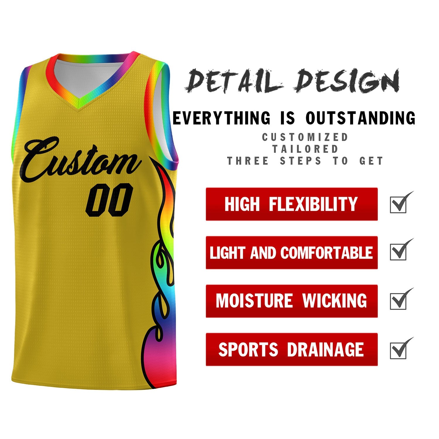 Custom Old Gold Side Flame Pattern Fashion Sports Uniform Basketball Jersey