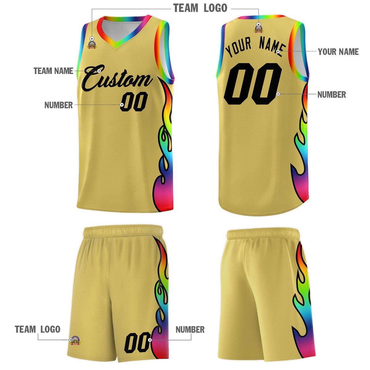 Custom Old Gold Side Flame Pattern Fashion Sports Uniform Basketball Jersey