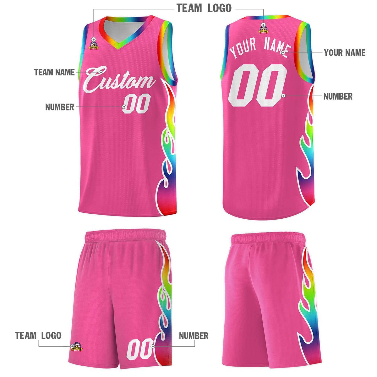 Custom Pink Side Flame Pattern Fashion Sports Uniform Basketball Jersey