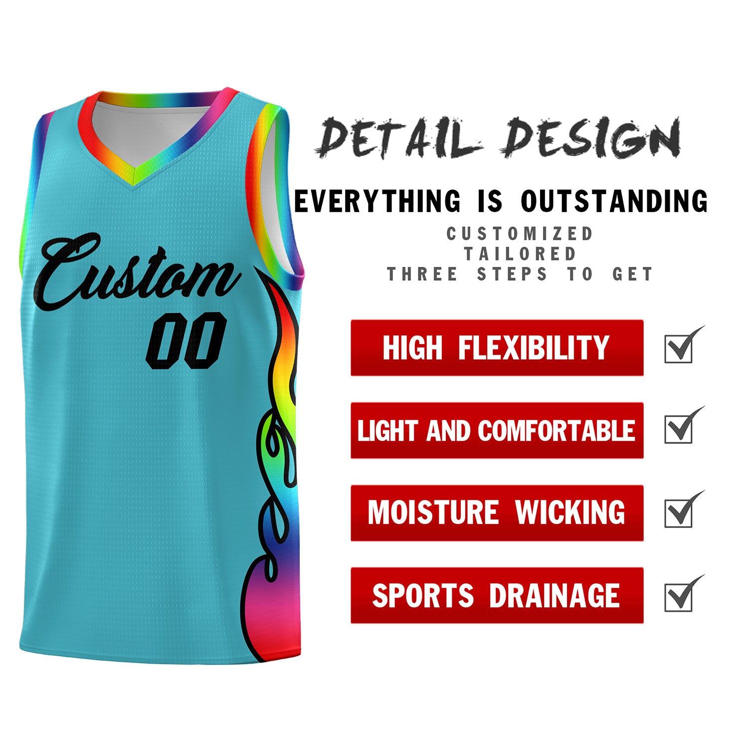 Custom Sky Blue Side Flame Pattern Fashion Sports Uniform Basketball Jersey