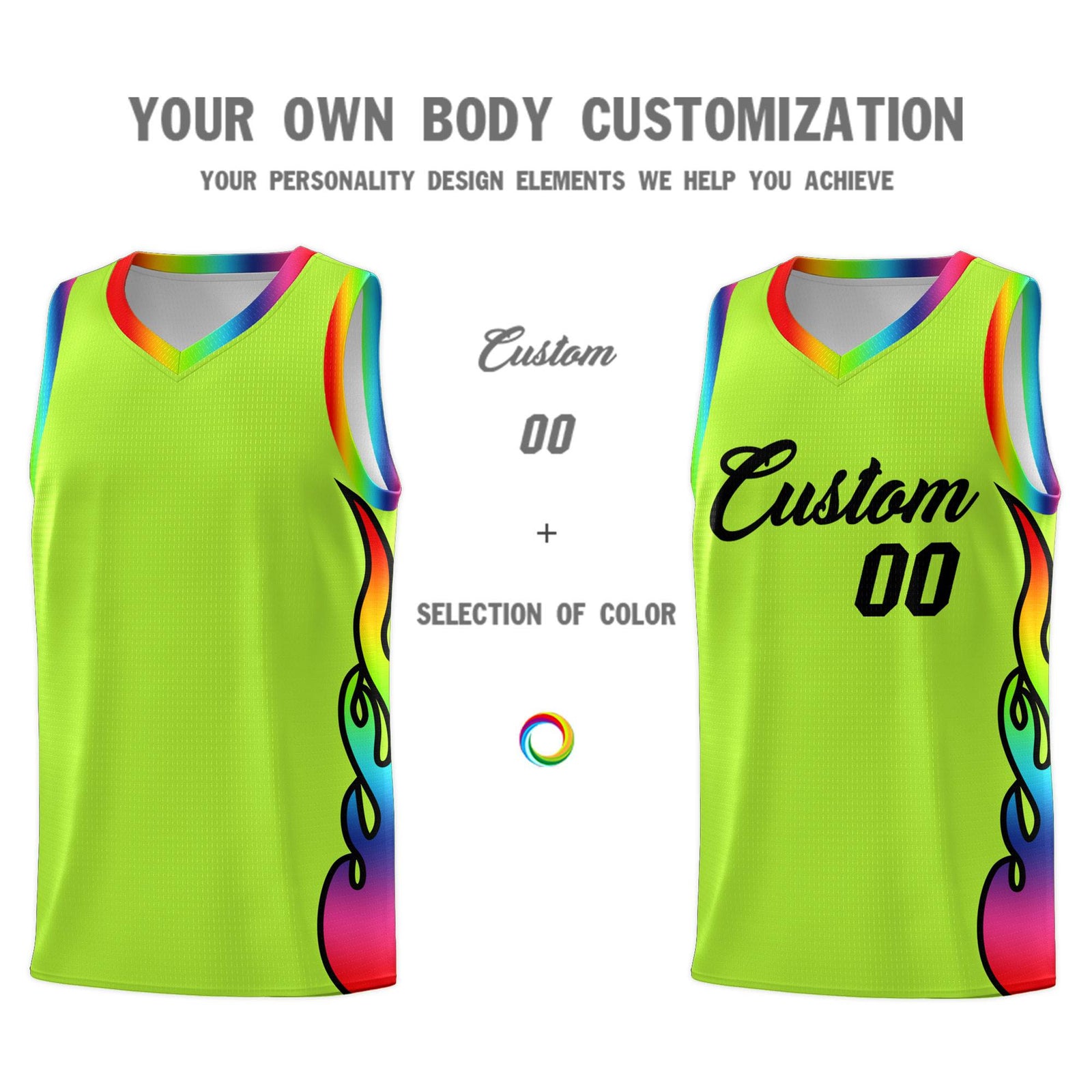 Custom Neon Green Side Flame Pattern Fashion Sports Uniform Basketball Jersey